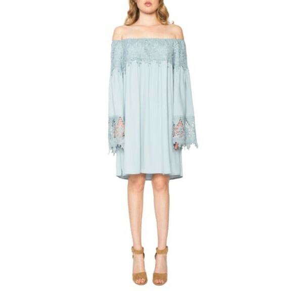 Willow & Clay Blue Lace Trim Off The Shoulder Dress - Size Medium - Long Sleeve - Picture 1 of 7